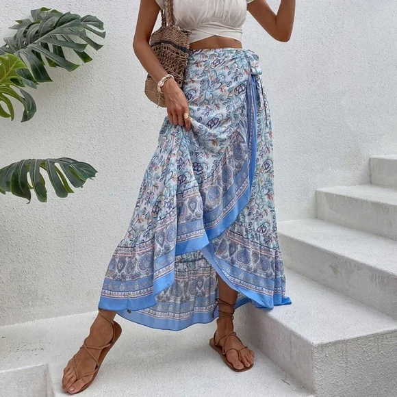 Boho Blue Floral Print Ruffle Wrap maxi Skirt - Picture 1 of 11